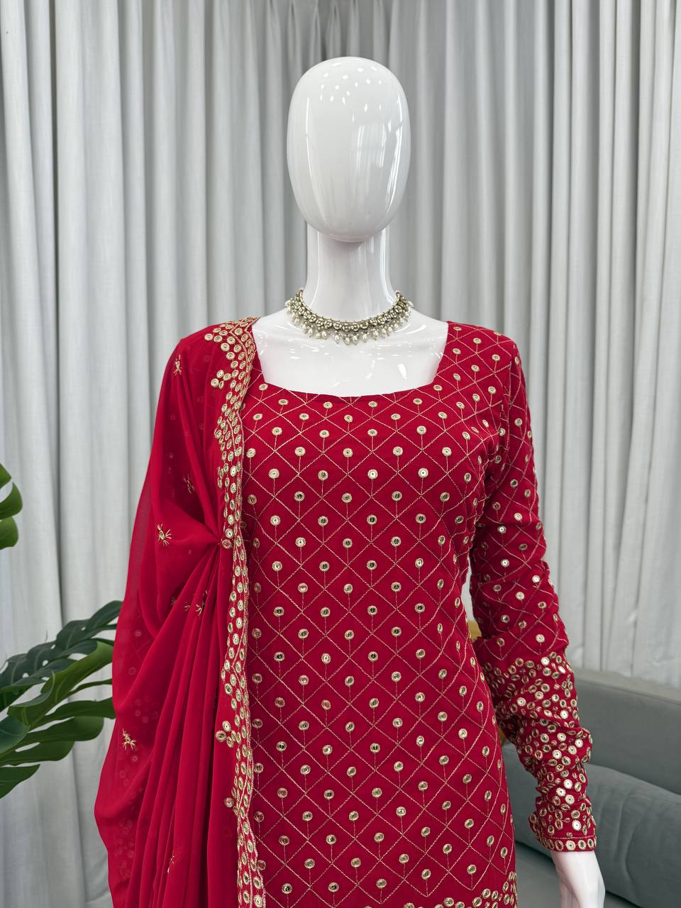 Red Georgette Sharara Suit with Thread and Sequin Embroidery