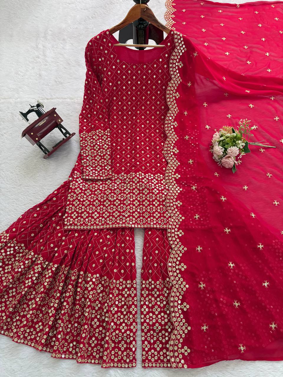Red Georgette Sharara Suit with Thread and Sequin Embroidery