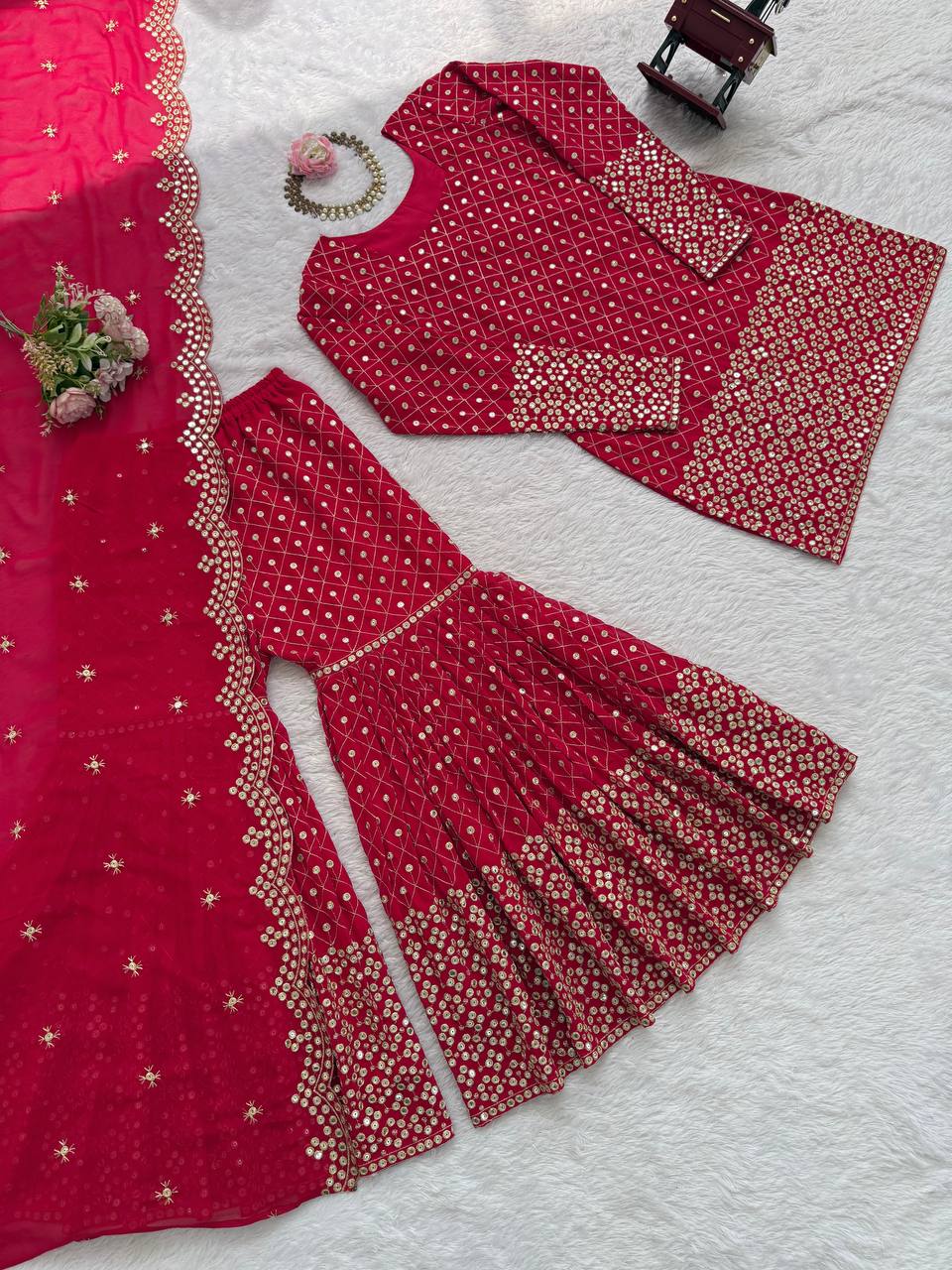 Red Georgette Sharara Suit with Thread and Sequin Embroidery
