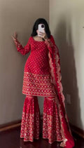 Red Georgette Sharara Suit with Thread and Sequin Embroidery