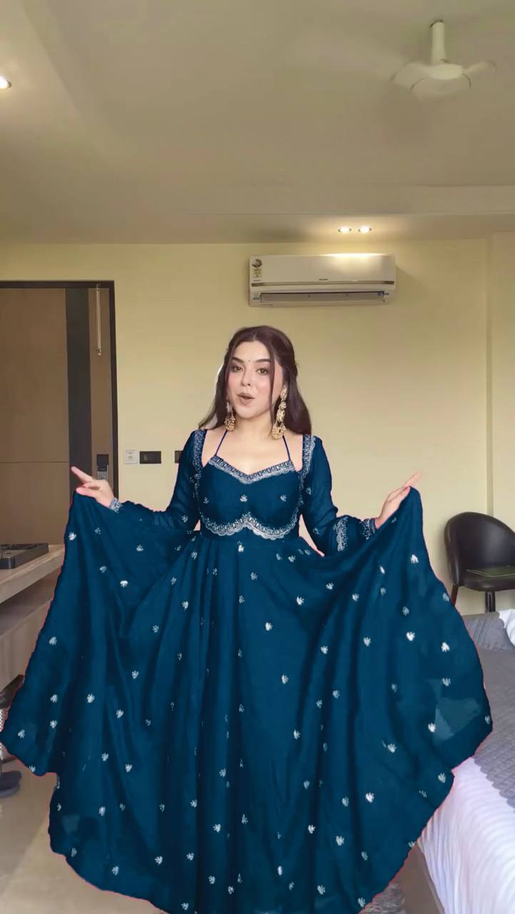 Teal Blue Georgette Anarkali Suit with Thread & Sequence Work