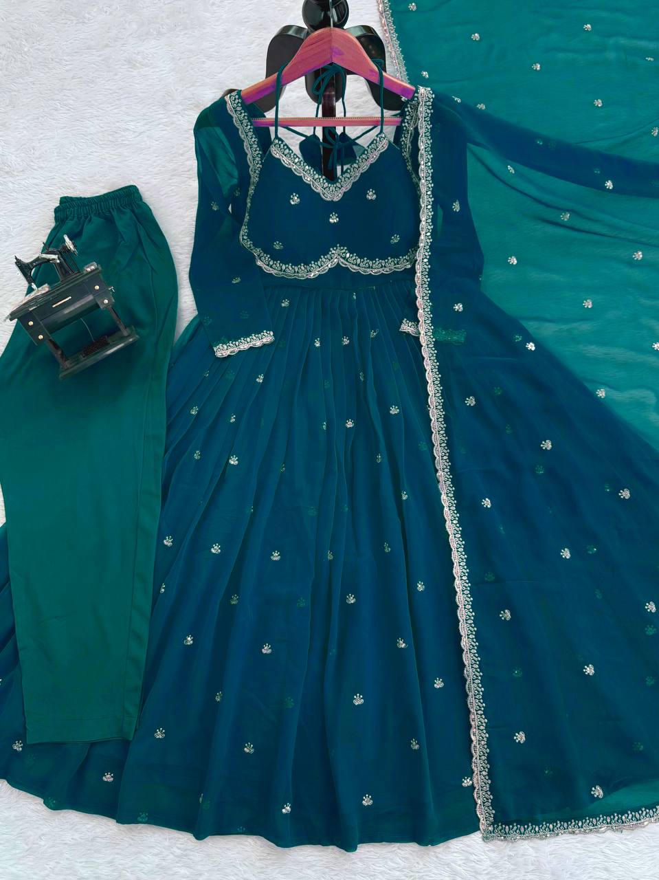 Teal Blue Georgette Anarkali Suit with Thread & Sequence Work