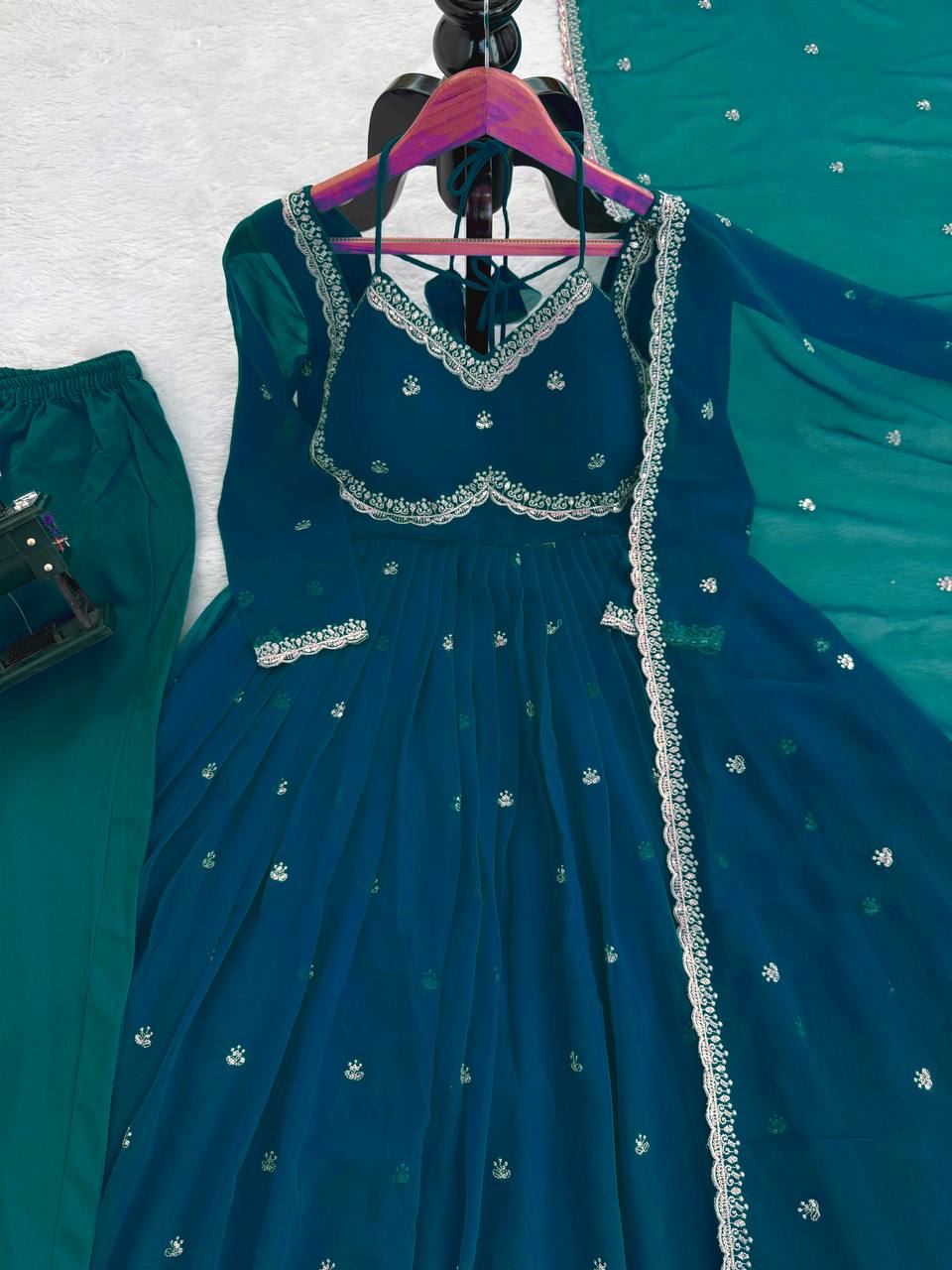Teal Blue Georgette Anarkali Suit with Thread & Sequence Work