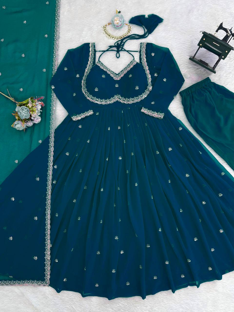 Teal Blue Georgette Anarkali Suit with Thread & Sequence Work