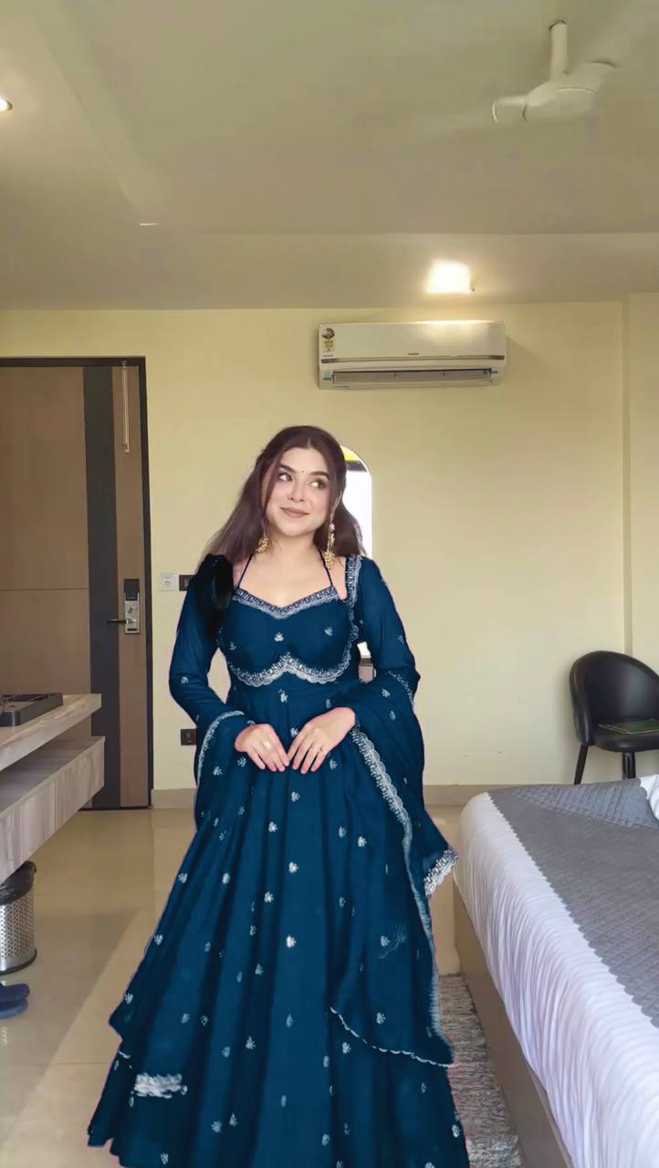Teal Blue Georgette Anarkali Suit with detailed thread and sequence embroidery