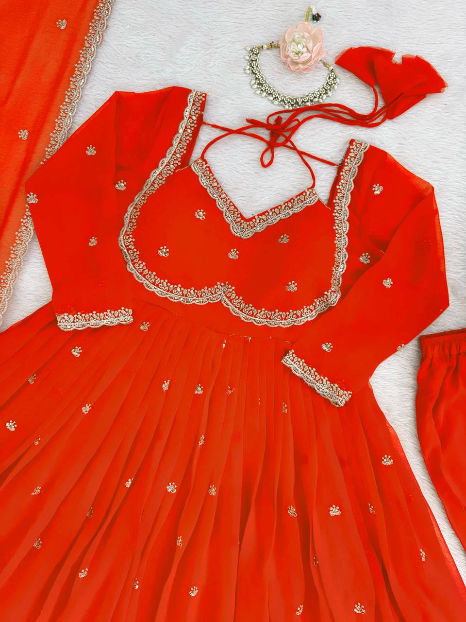Prazu Fashion Red Georgette Thread Sequin Anarkali Suit