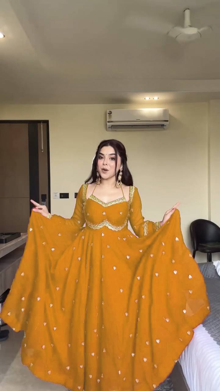 Yellow Georgette Thread and Sequence Work Anarkali Suit
