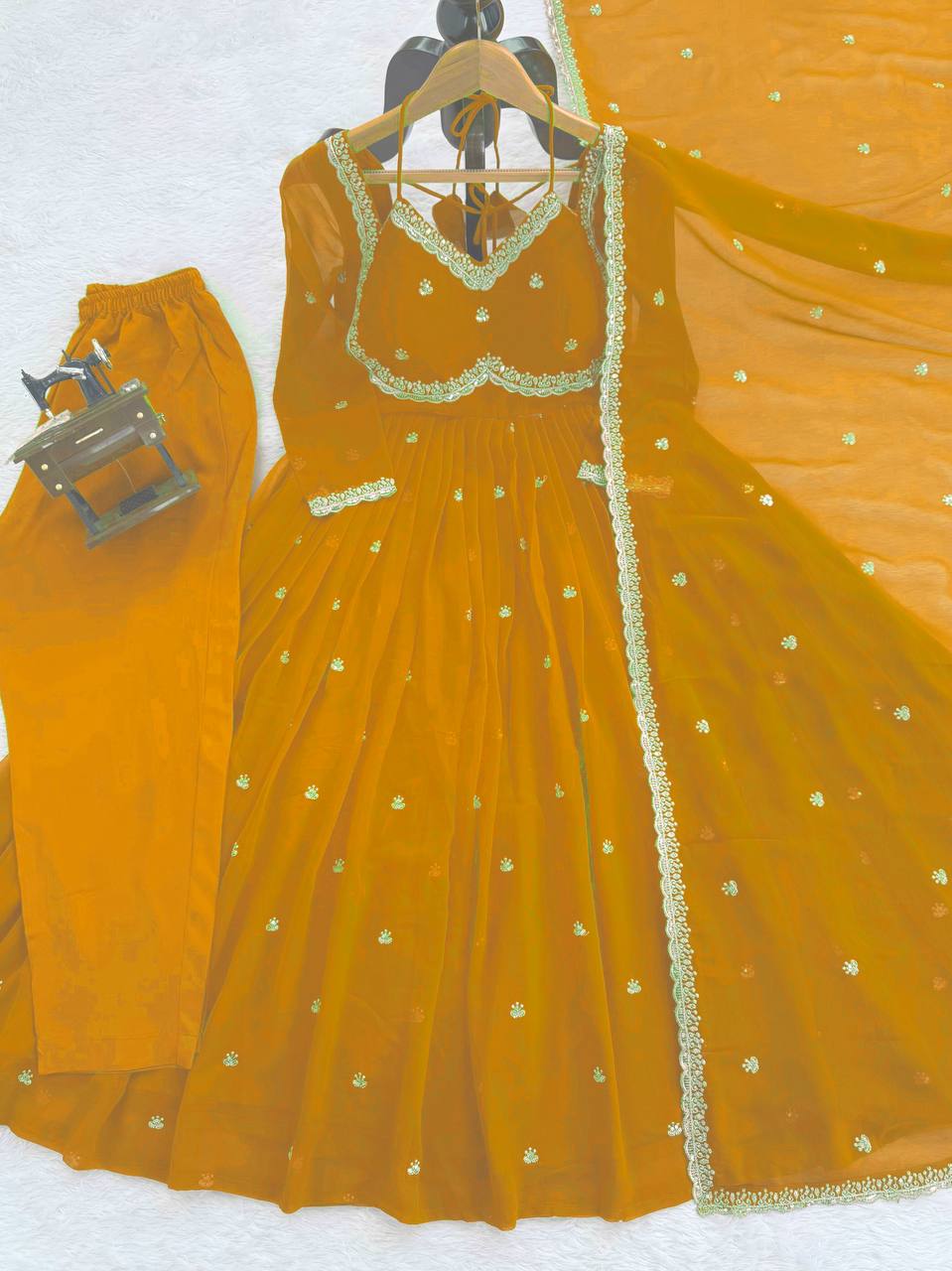Yellow Georgette Thread and Sequence Work Anarkali Suit
