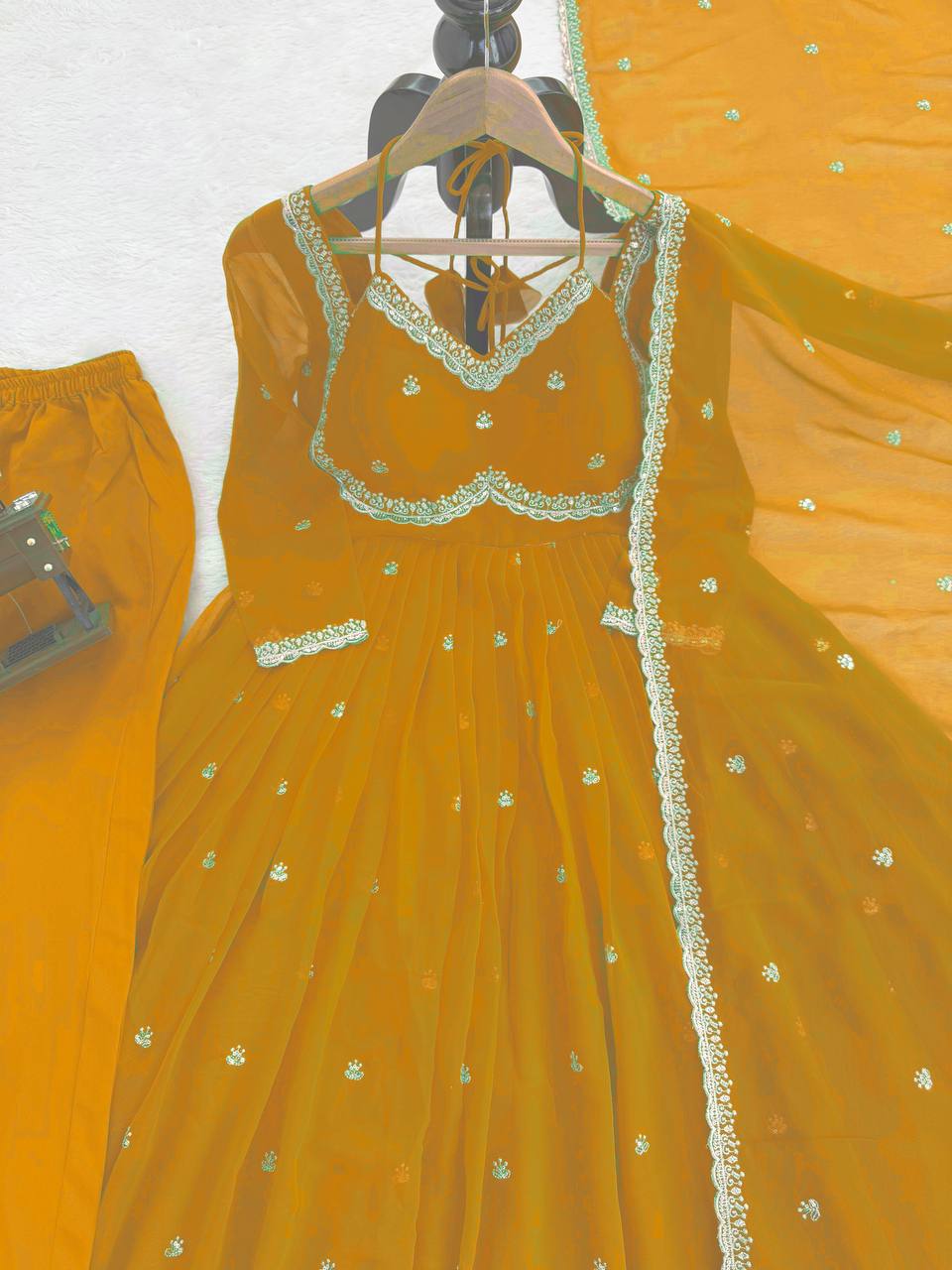 Yellow Georgette Thread and Sequence Work Anarkali Suit