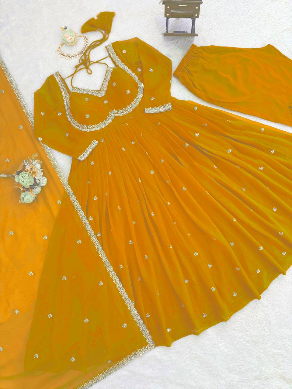 Yellow Georgette Thread and Sequence Work Anarkali Suit