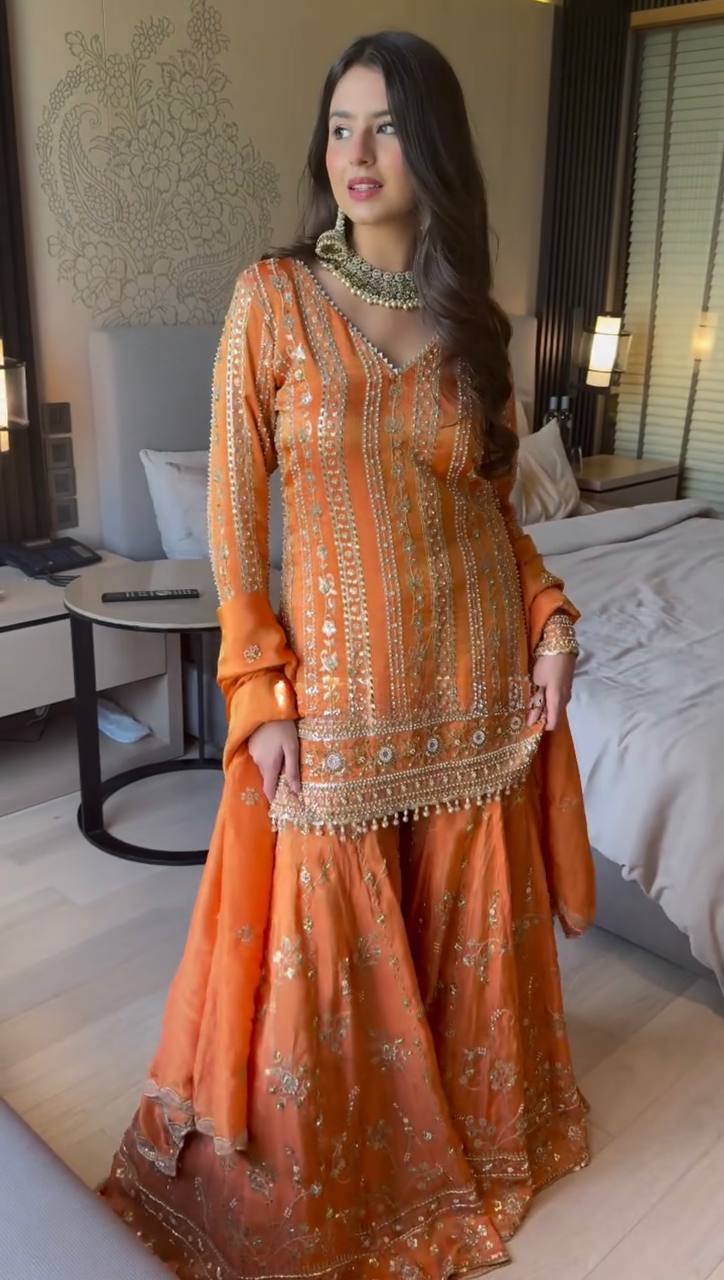 Orange Georgette Thread Sequin Sharara Suit Ethnic Set