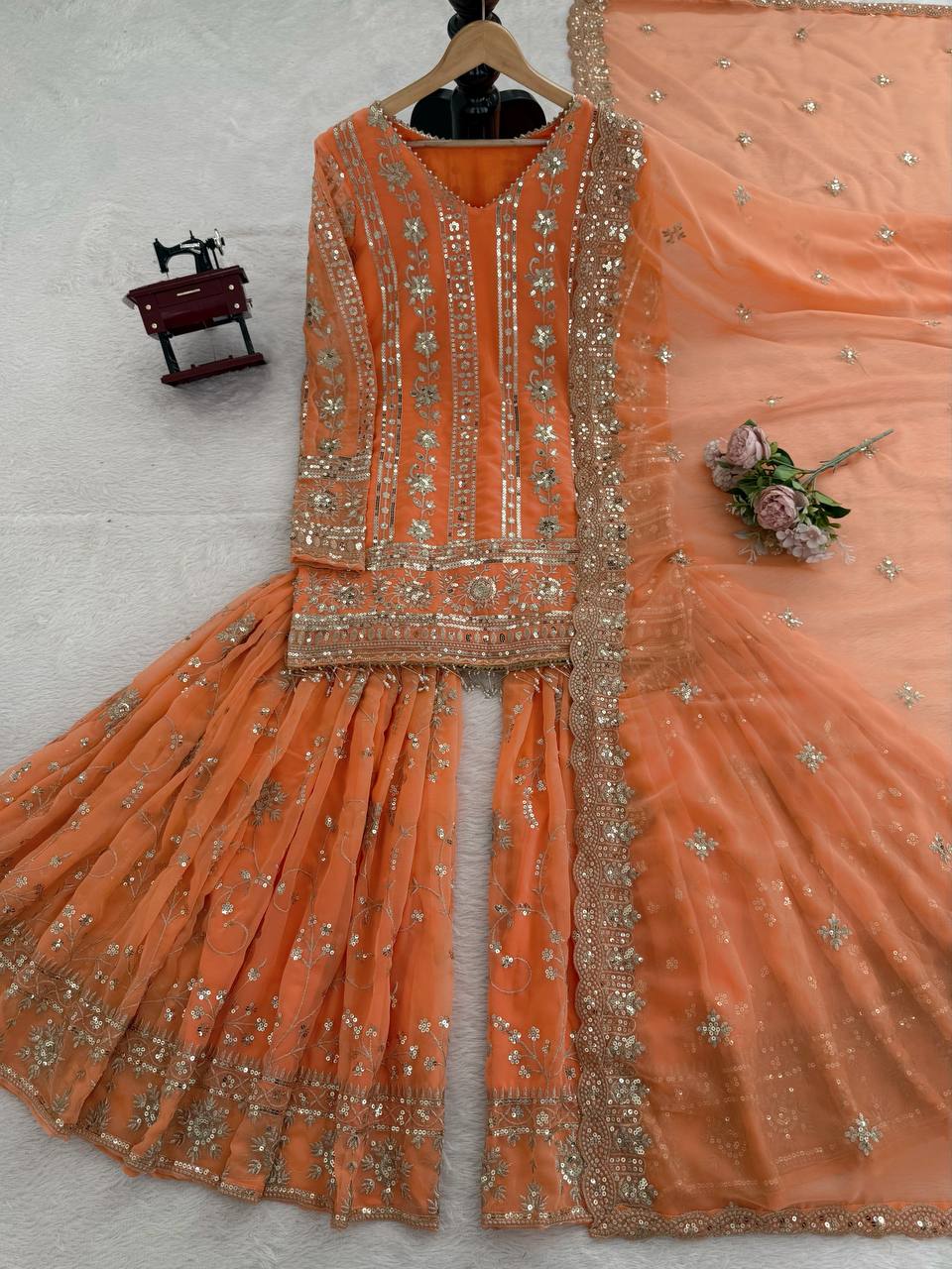 Orange Georgette Thread Sequin Sharara Suit Ethnic Set