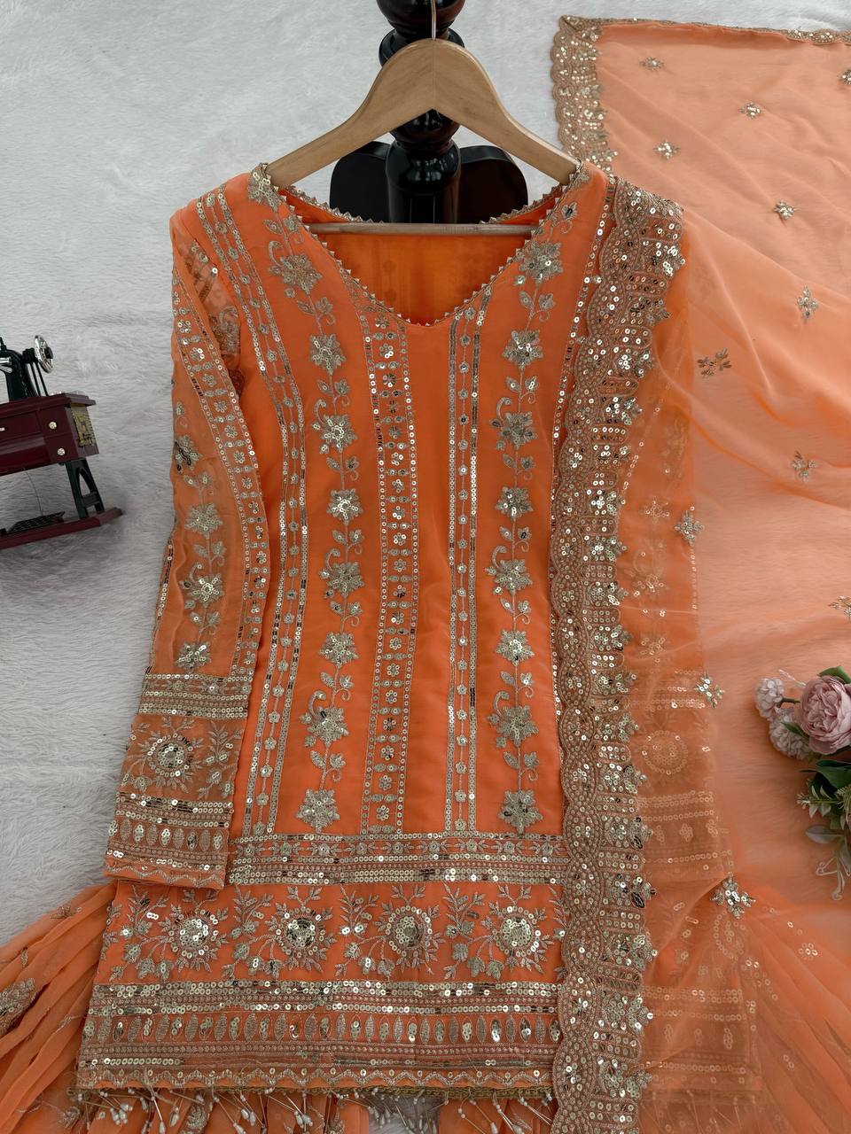 Orange Georgette Thread Sequin Sharara Suit Ethnic Set