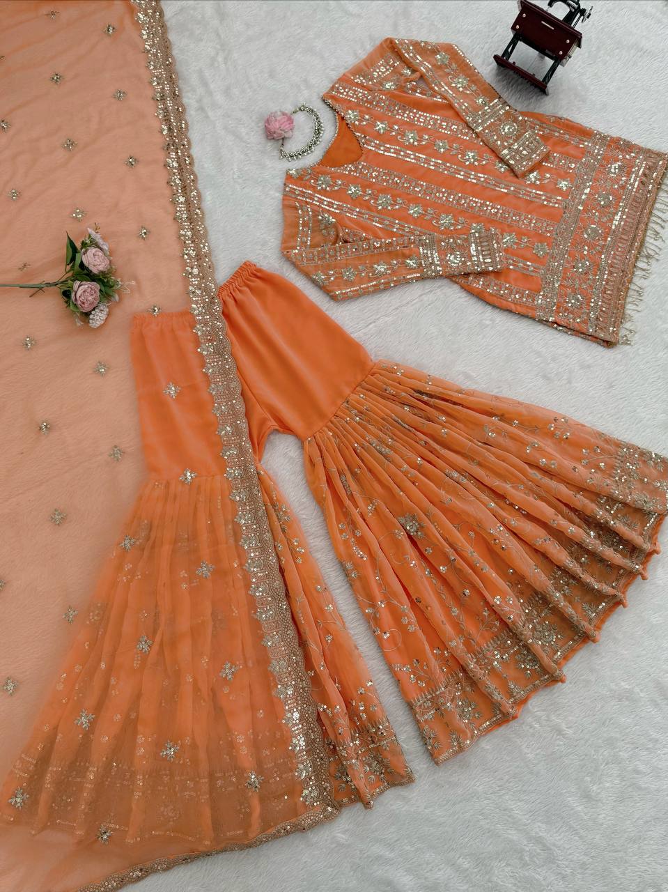 Orange Georgette Thread Sequin Sharara Suit Ethnic Set