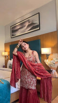 Prazu Fashion Maroon Simmer Silk Thread Sequin Sharara Suit