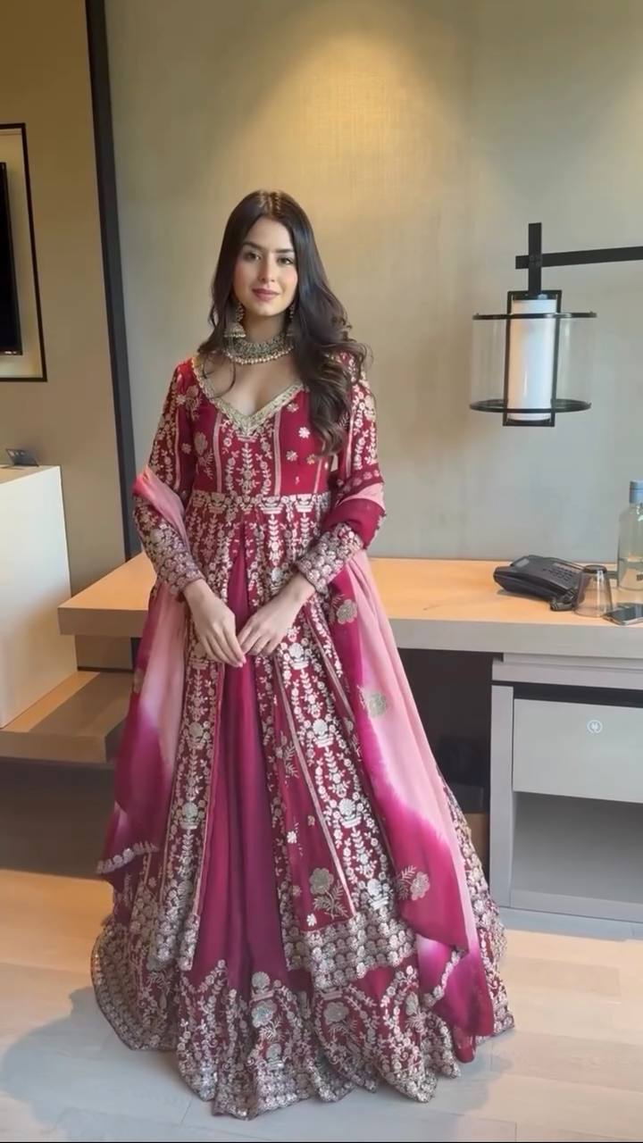 Prazu Fashion Maroon Georgette Thread Sequin Lehenga Style Suit