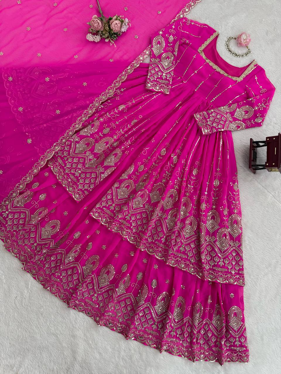Pink Georgette Thread Sequin Lehenga Style Suit with Square Neck