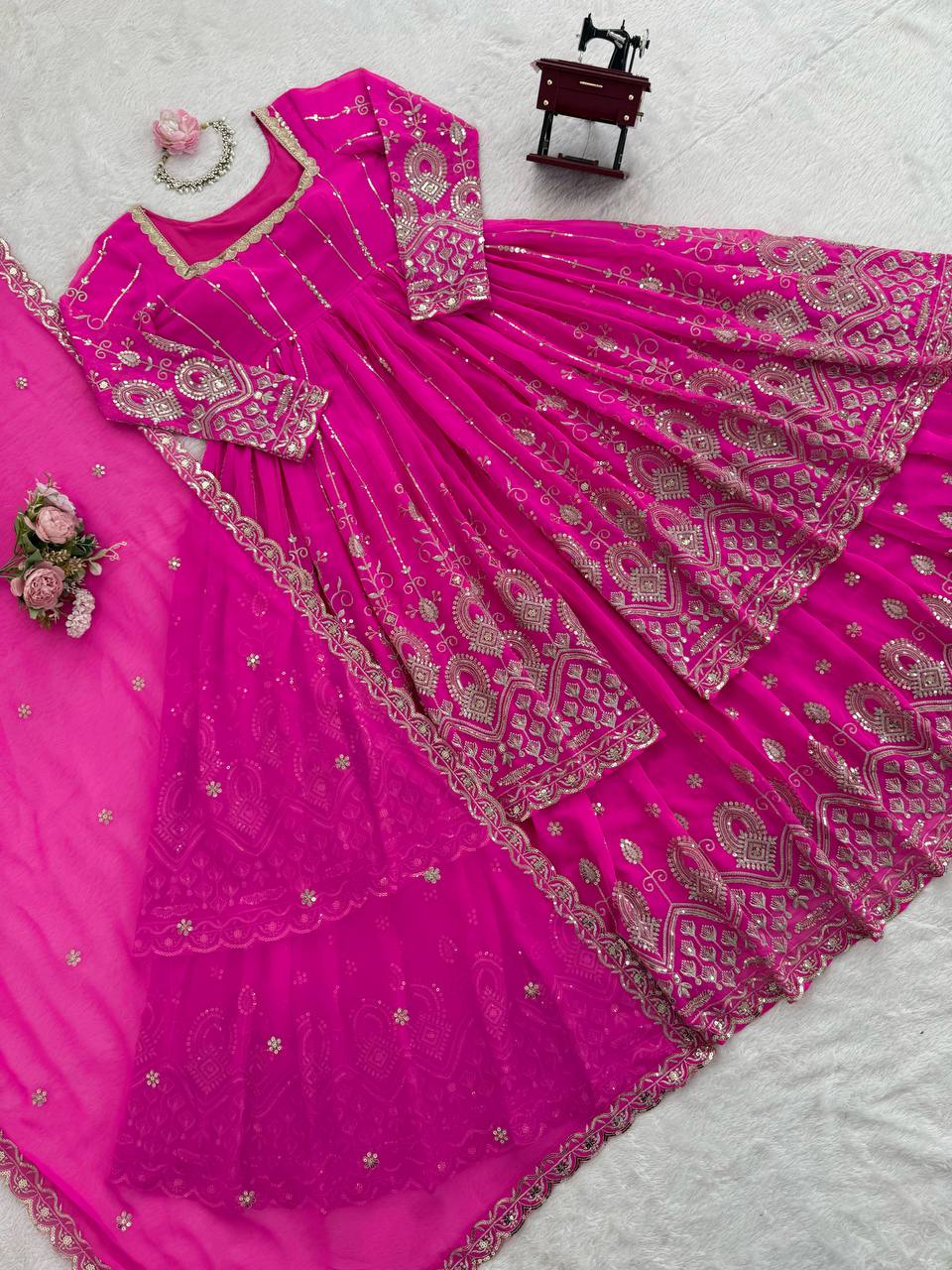 Pink Georgette Thread Sequin Lehenga Style Suit with Square Neck