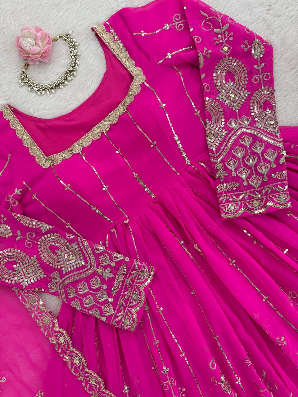 Pink Georgette Thread Sequin Lehenga Style Suit with Square Neck