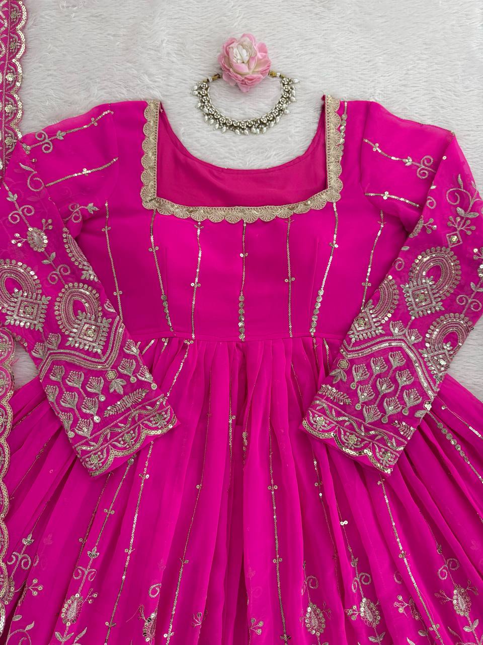Pink Georgette Thread Sequin Lehenga Style Suit with Square Neck