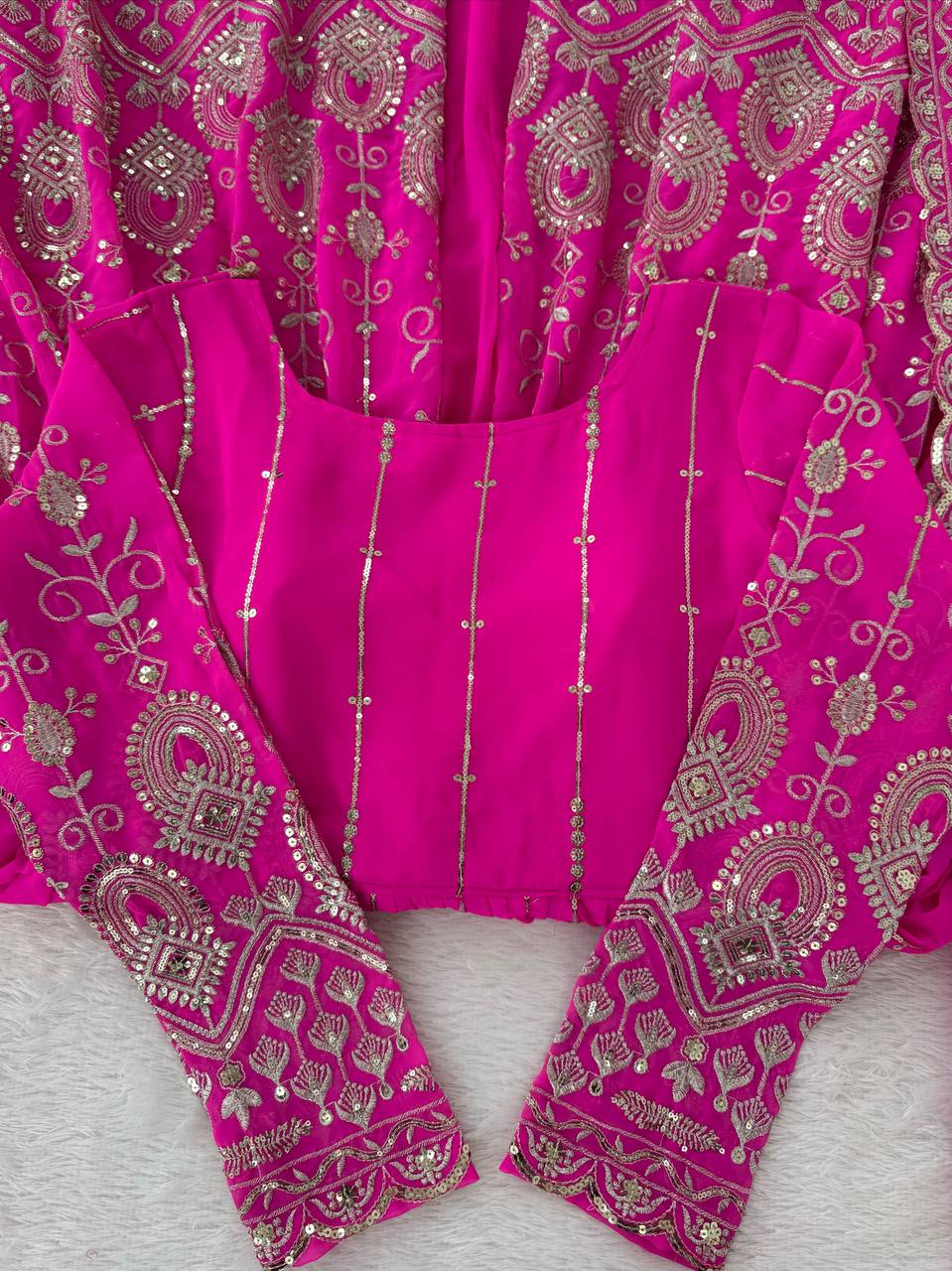 Pink Georgette Thread Sequin Lehenga Style Suit with Square Neck