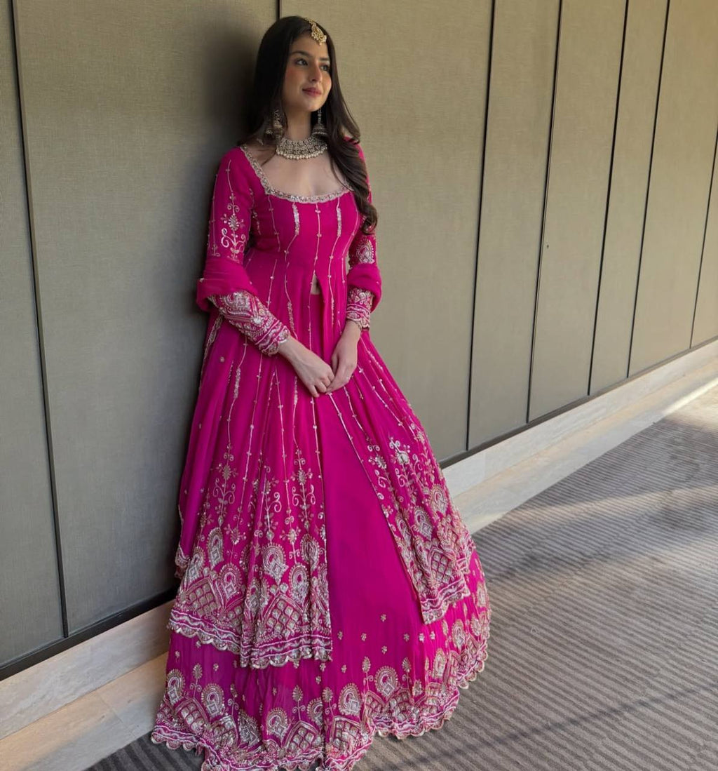 Prazu Fashion Pink Georgette suit with intricate thread and sequin embroidery details