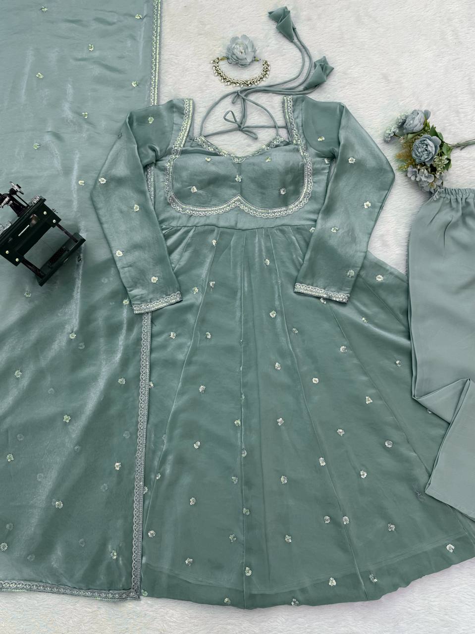 Prazu Fashion Dusty Mint Green Fendy Silk Thread Sequence Anarkali Suit