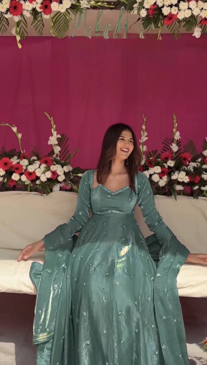 Prazu Fashion Dusty Mint Green Fendy Silk Thread Sequence Anarkali Suit