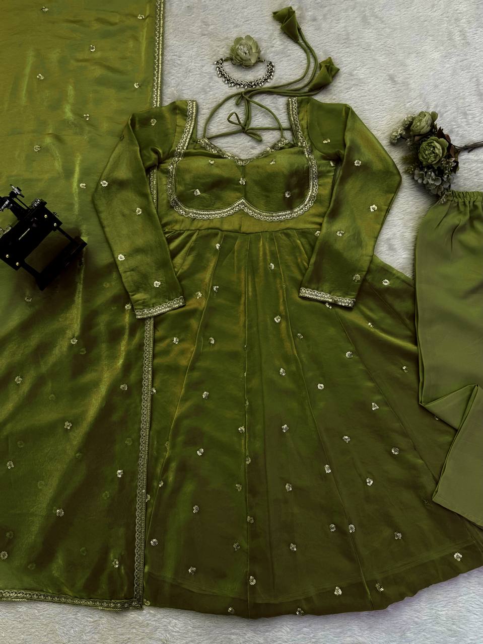 Mehendi Fendy Silk Thread Sequence Anarkali Suit - Floor Length