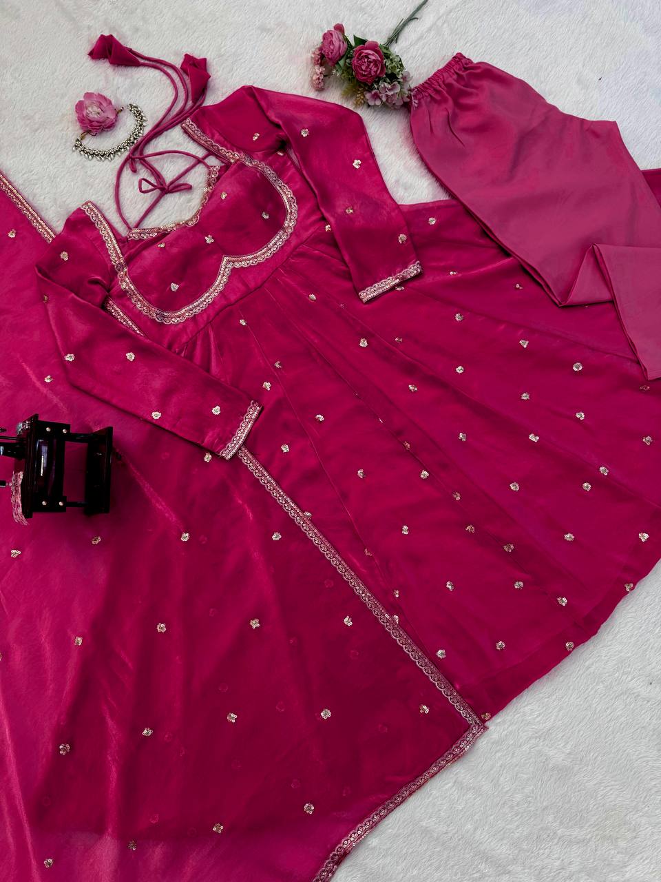 Prazu Fashion Pink Fendy Silk Thread Sequence Anarkali Suit