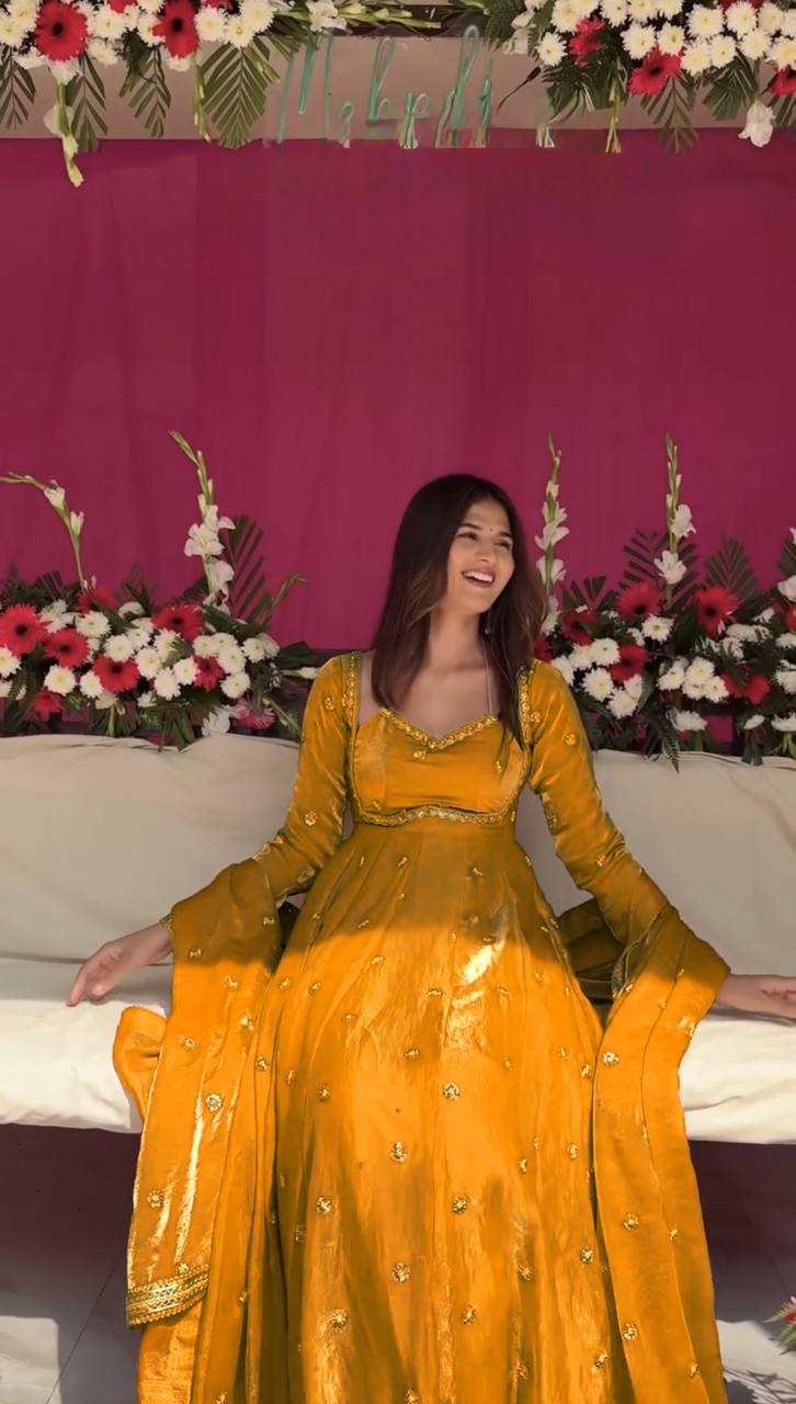 Prazu Fashion Yellow Fendy Silk Thread Sequence Anarkali Suit