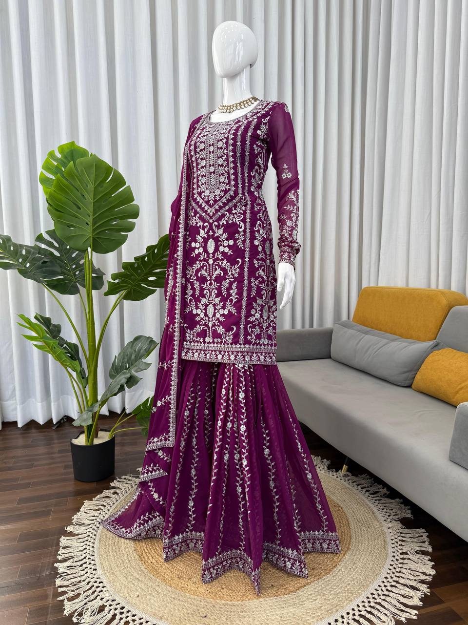 Purple Georgette Thread and Sequence Sharara Suit Set