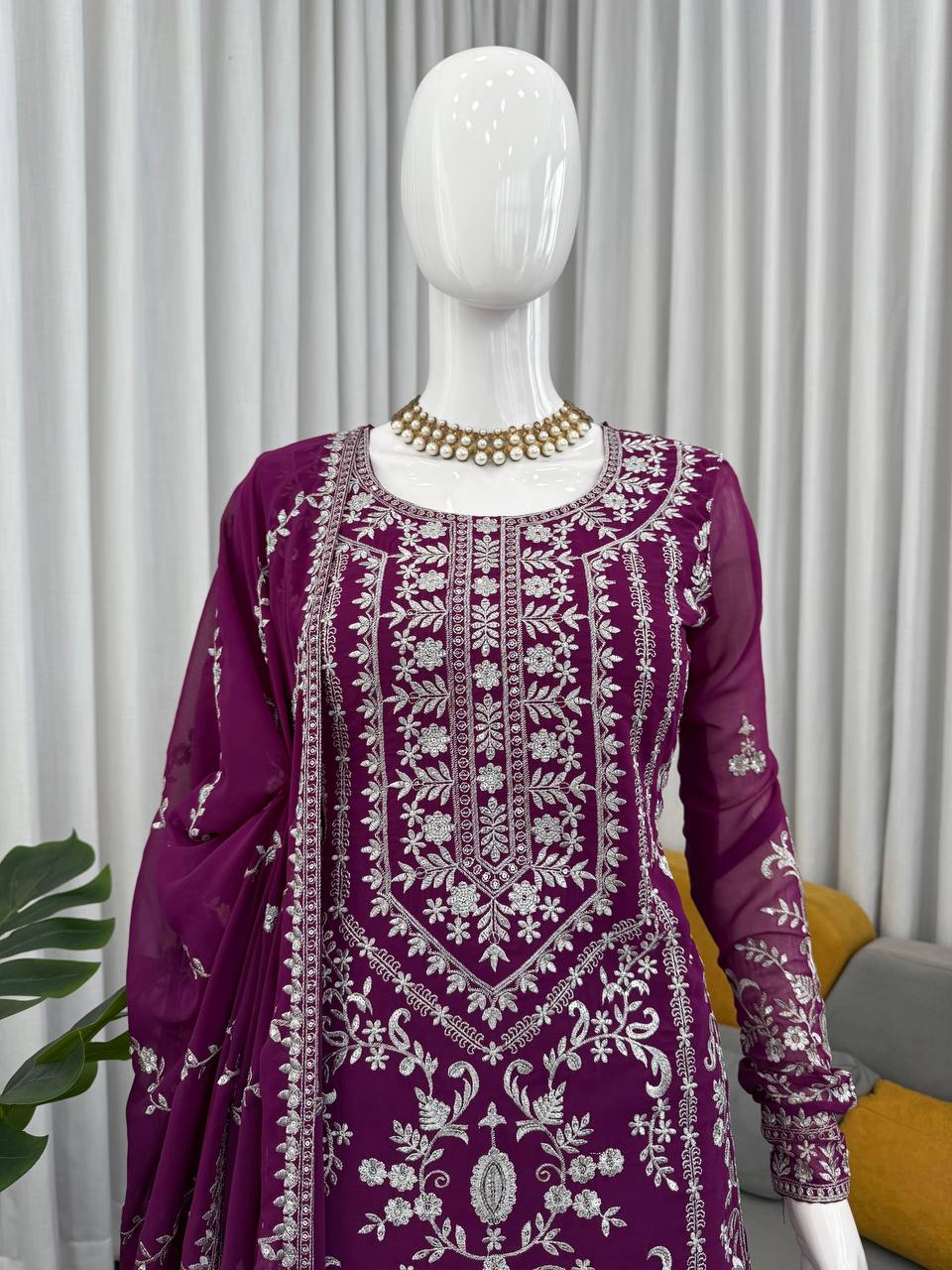 Purple Georgette Thread and Sequence Sharara Suit Set