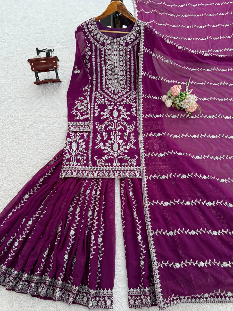 Purple Georgette Thread and Sequence Sharara Suit Set