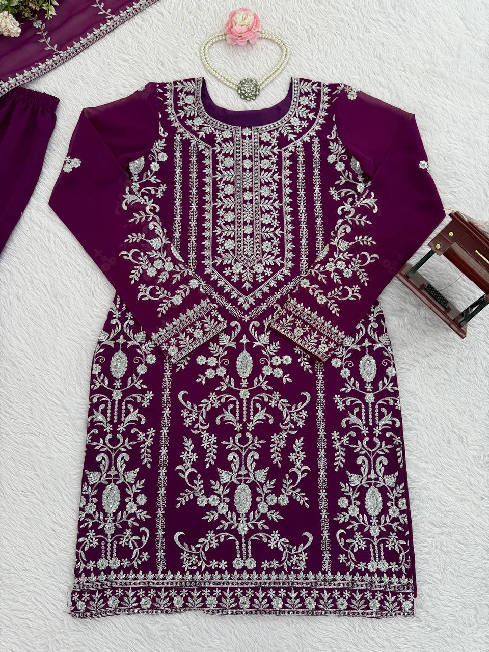 Purple Georgette Thread and Sequence Sharara Suit Set