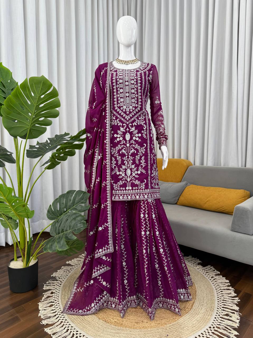 Purple georgette sharara suit with delicate thread and sequence work
