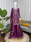 Purple georgette sharara suit with delicate thread and sequence work