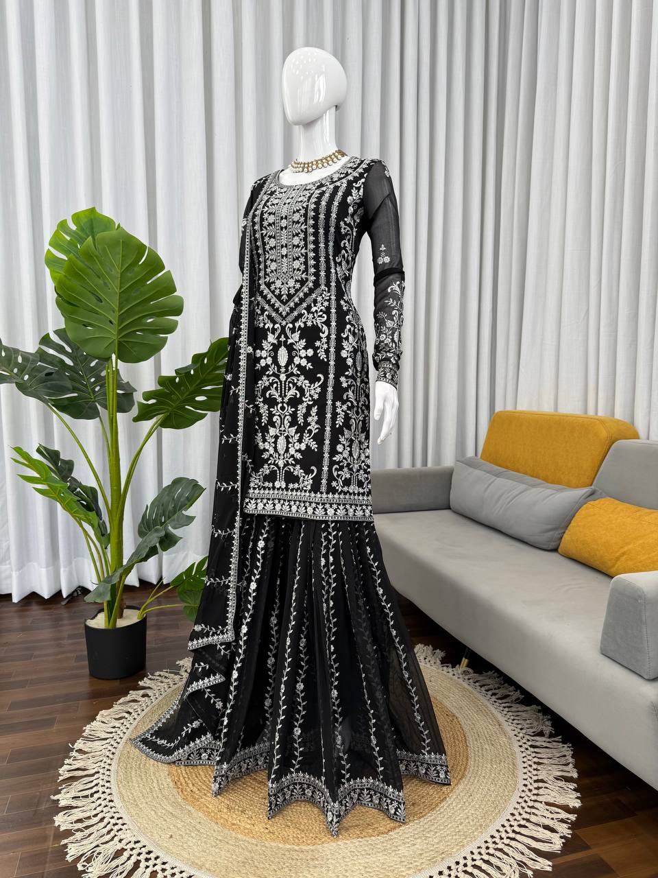 Prazu Fashion Black Georgette Thread Sequence Sharara Suit