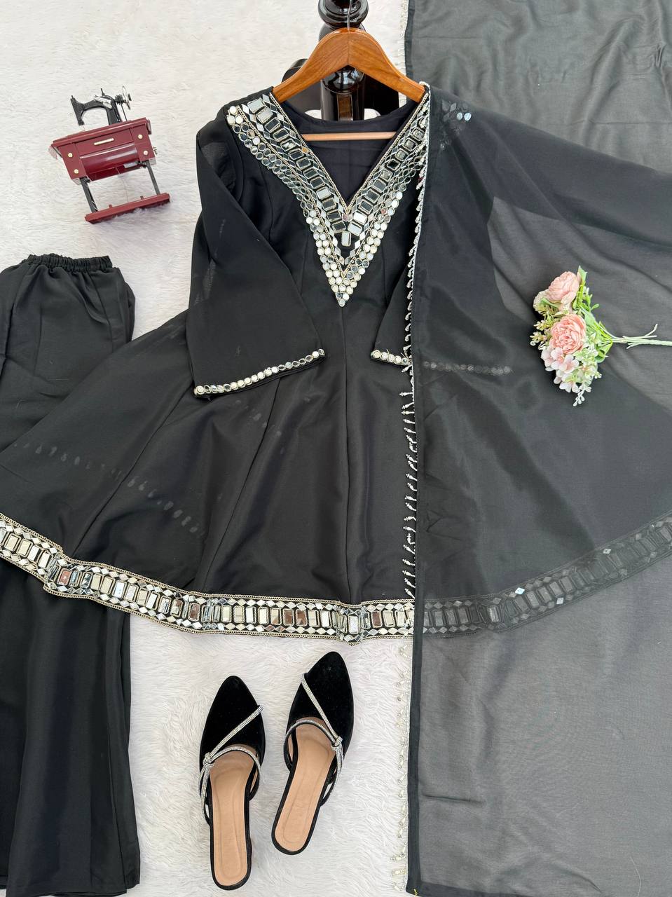 Black Cosmos Palazzo Suit Set With Thread and Mirror Work
