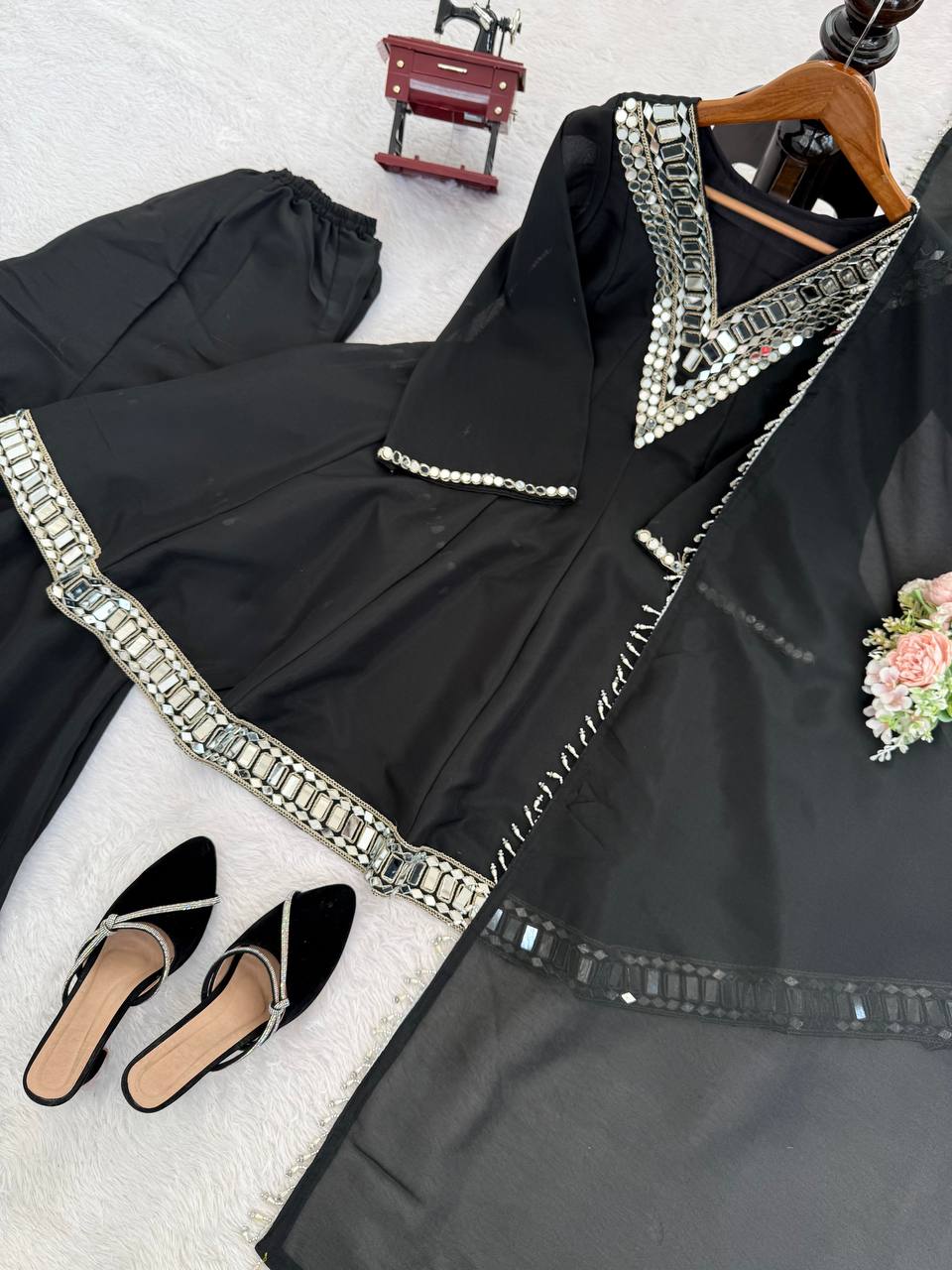 Black Cosmos Palazzo Suit Set With Thread and Mirror Work