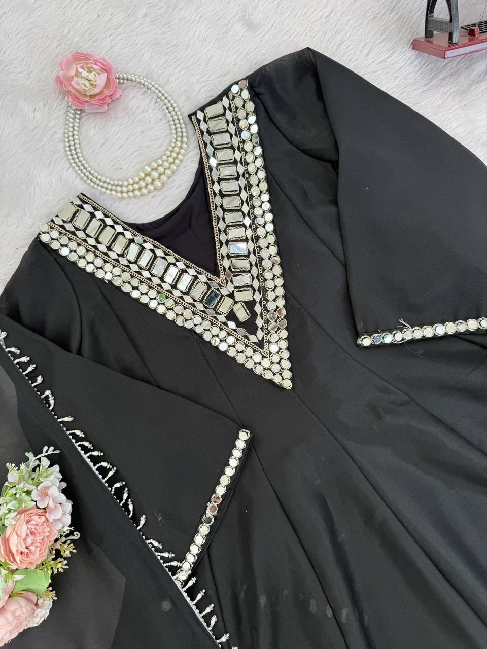 Black Cosmos Palazzo Suit Set With Thread and Mirror Work