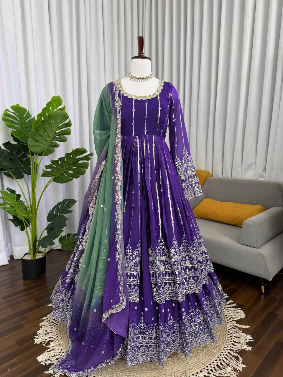 Prazu Fashion Blue Georgette Sequins Lehenga Style Wedding Suit