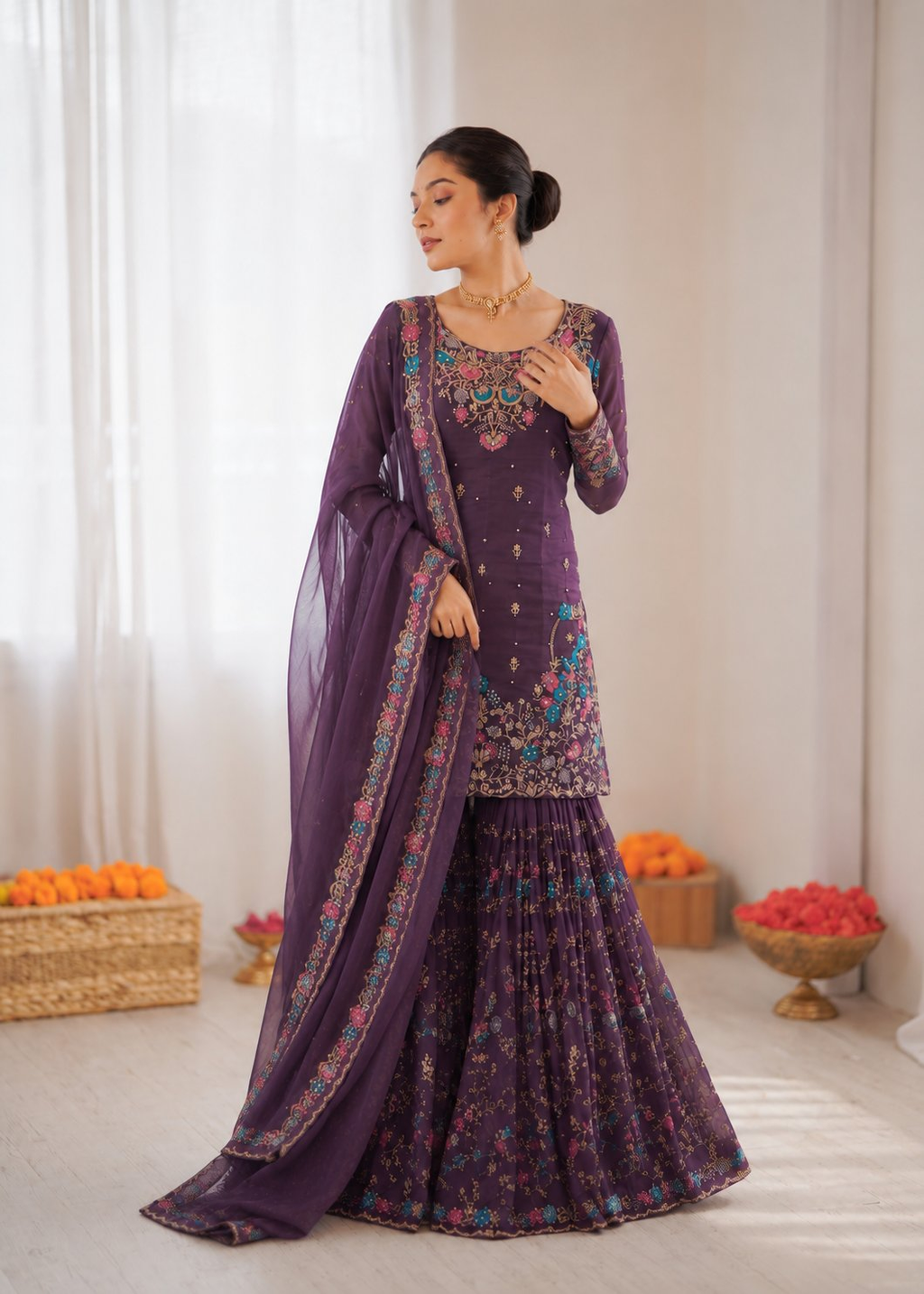 Model wearing a Deep Purple Art Silk Sharara Suit with thread embroidery and rivet moti detailing