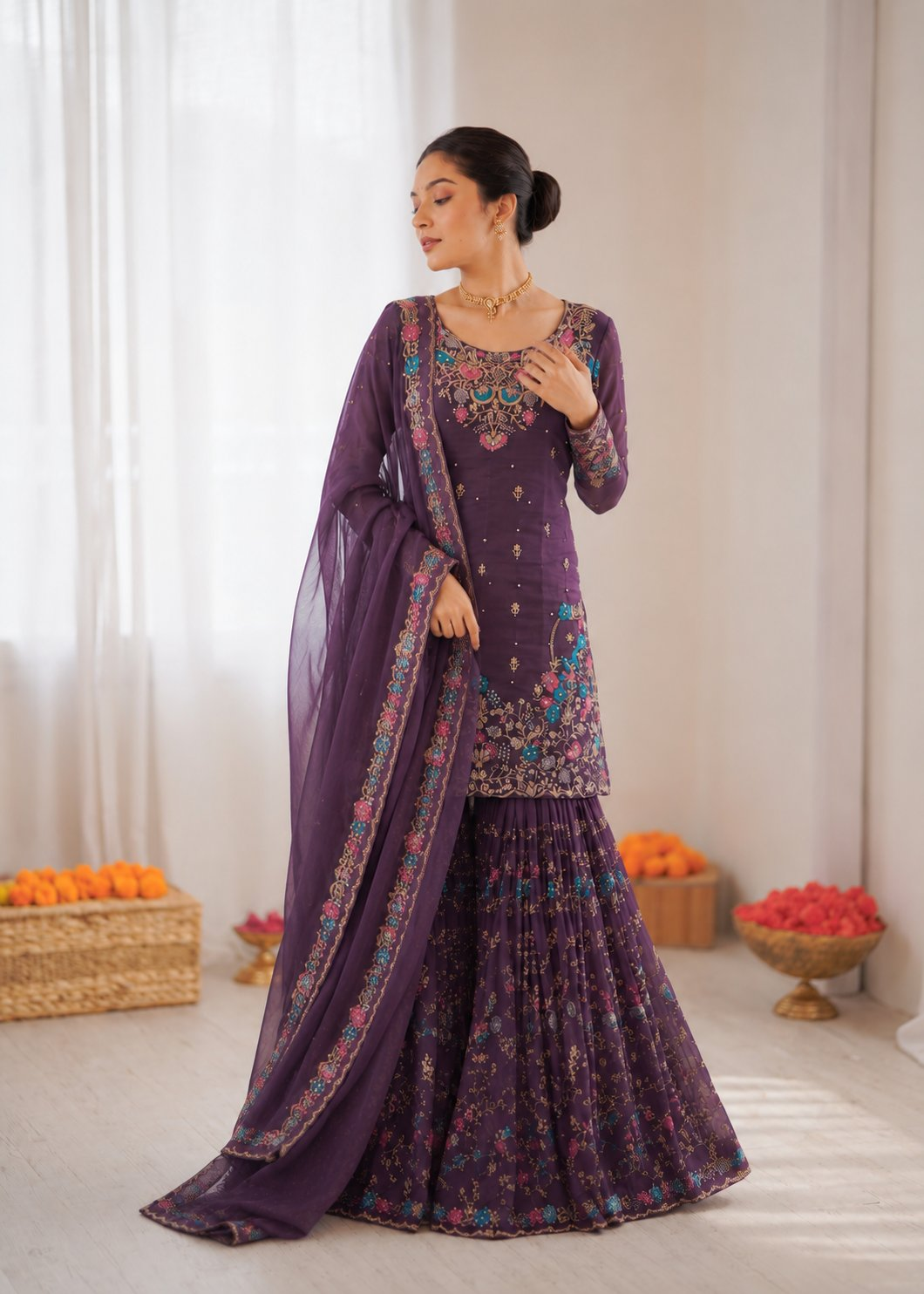 Model wearing a Deep Purple Art Silk Sharara Suit with thread embroidery and rivet moti detailing