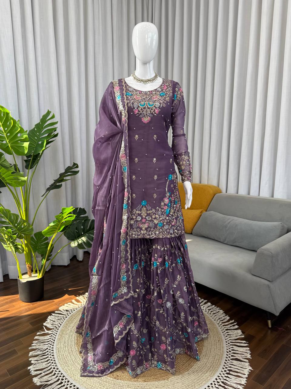 Deep Purple Art Silk Sharara Suit with Thread Sequence & Moti Work