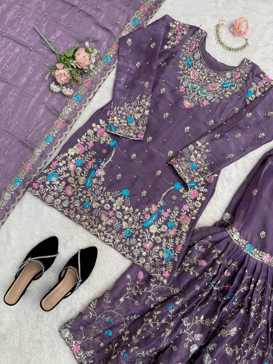 Deep Purple Art Silk Sharara Suit with Thread Sequence & Moti Work