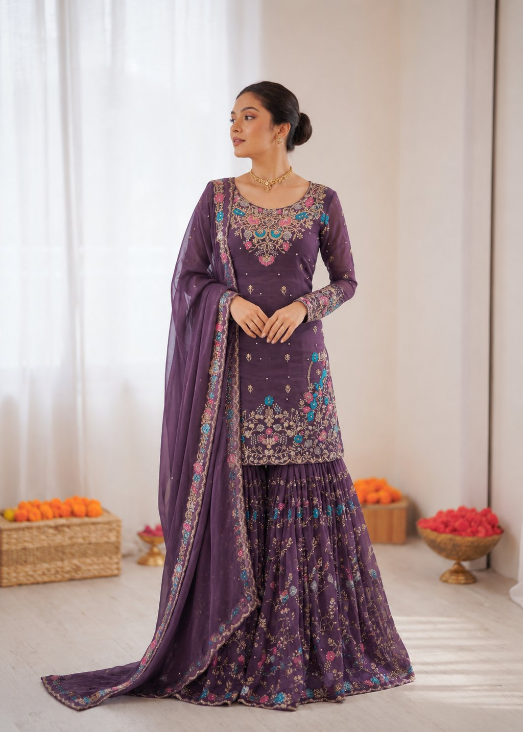Deep Purple Art Silk Sharara Suit with Thread Sequence & Moti Work