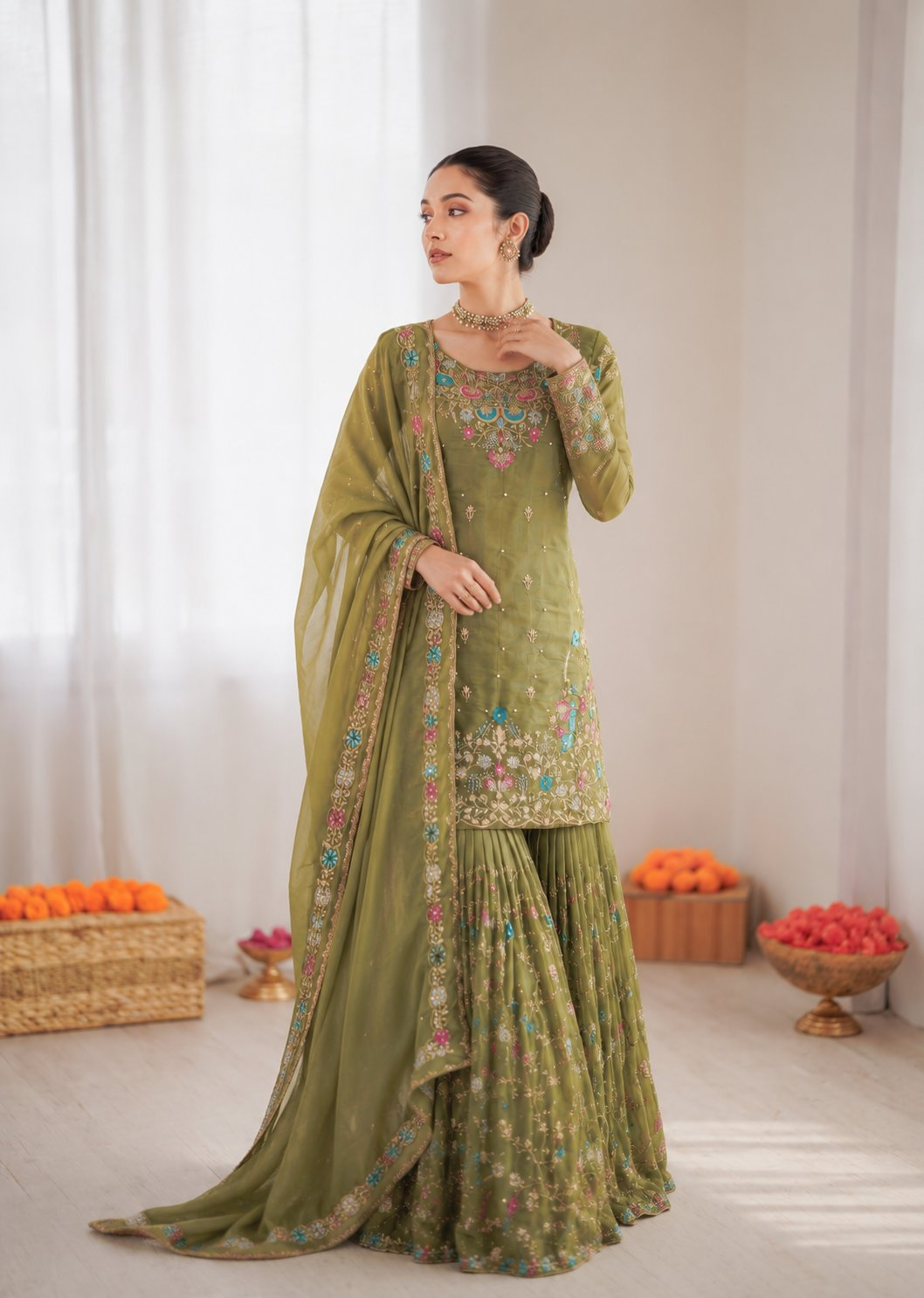 Mehendi Art Silk Sharara Suit with Thread Sequence & Moti Work