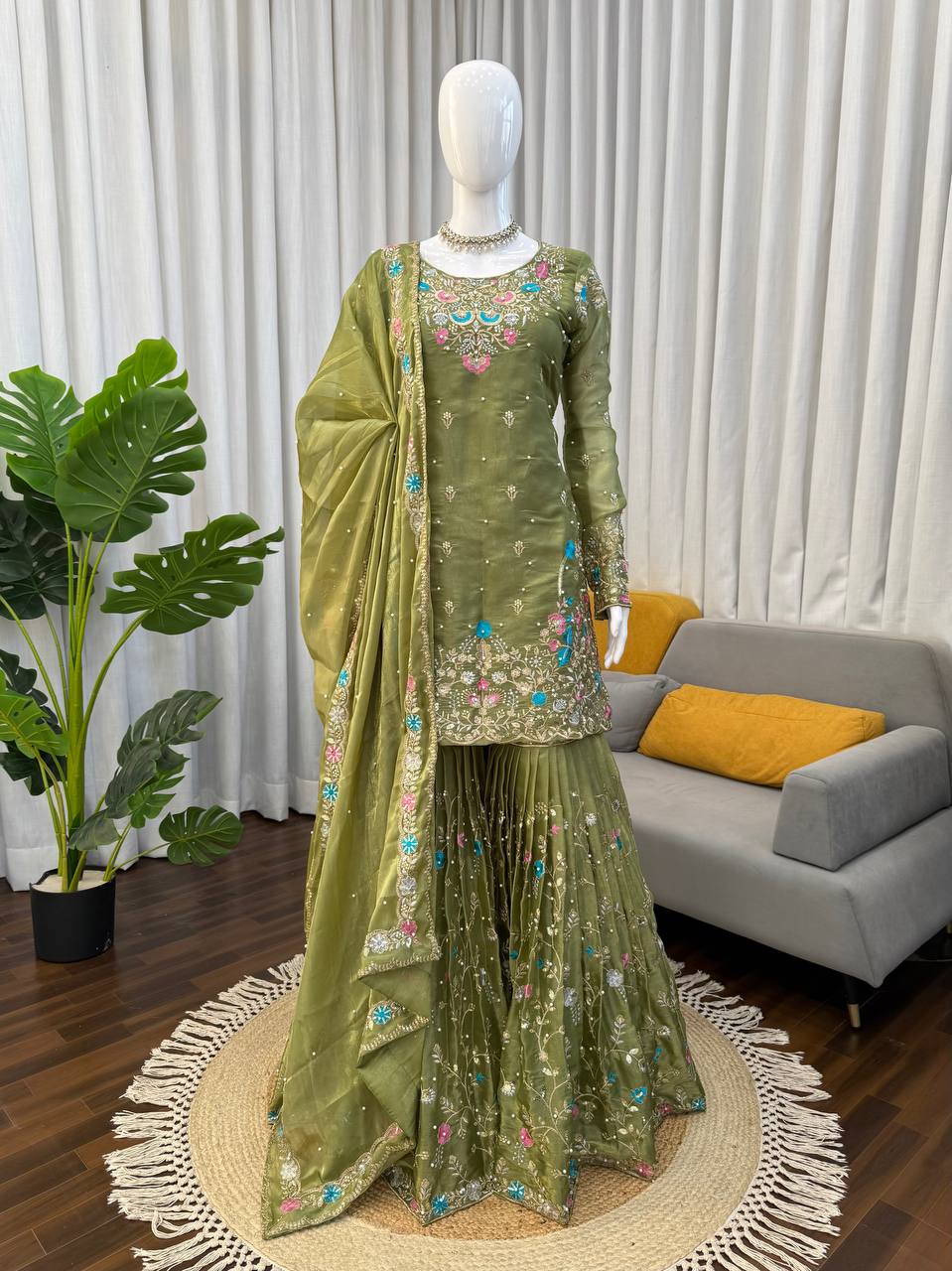 Mehendi Art Silk Sharara Suit with Thread Sequence & Moti Work