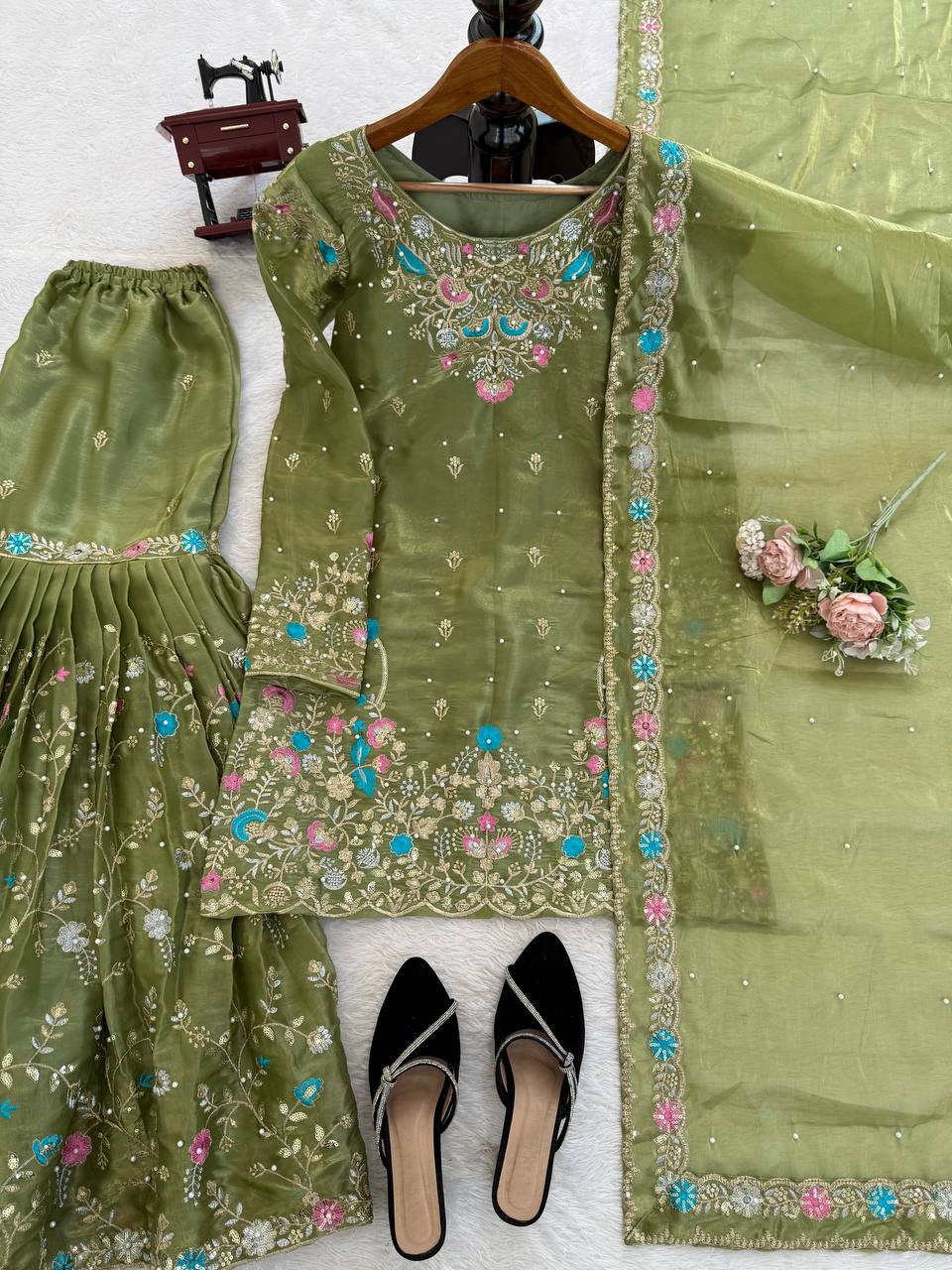 Mehendi Art Silk Sharara Suit with Thread Sequence & Moti Work